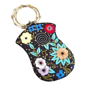 Floral Embroidered Black Clutch with Gold Handle